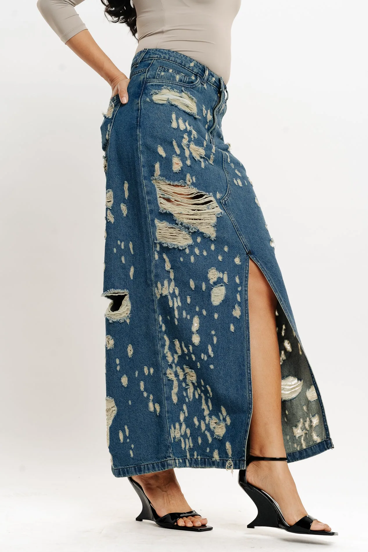 Blue Tinted Front Slit Women's Long Distressed Skirt Stylish Finish Tonal Look