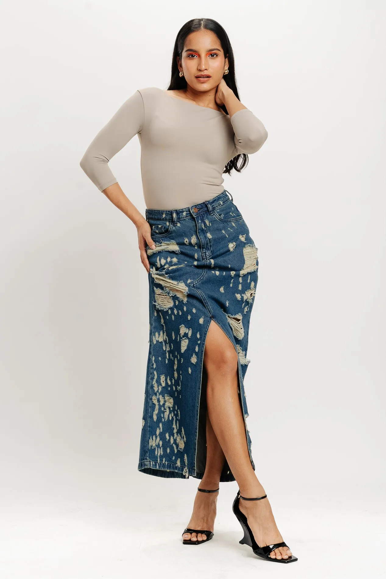 Luxury Trim Sturdy Waistband Blue Tinted Front Slit Women's Long Distressed Skirt