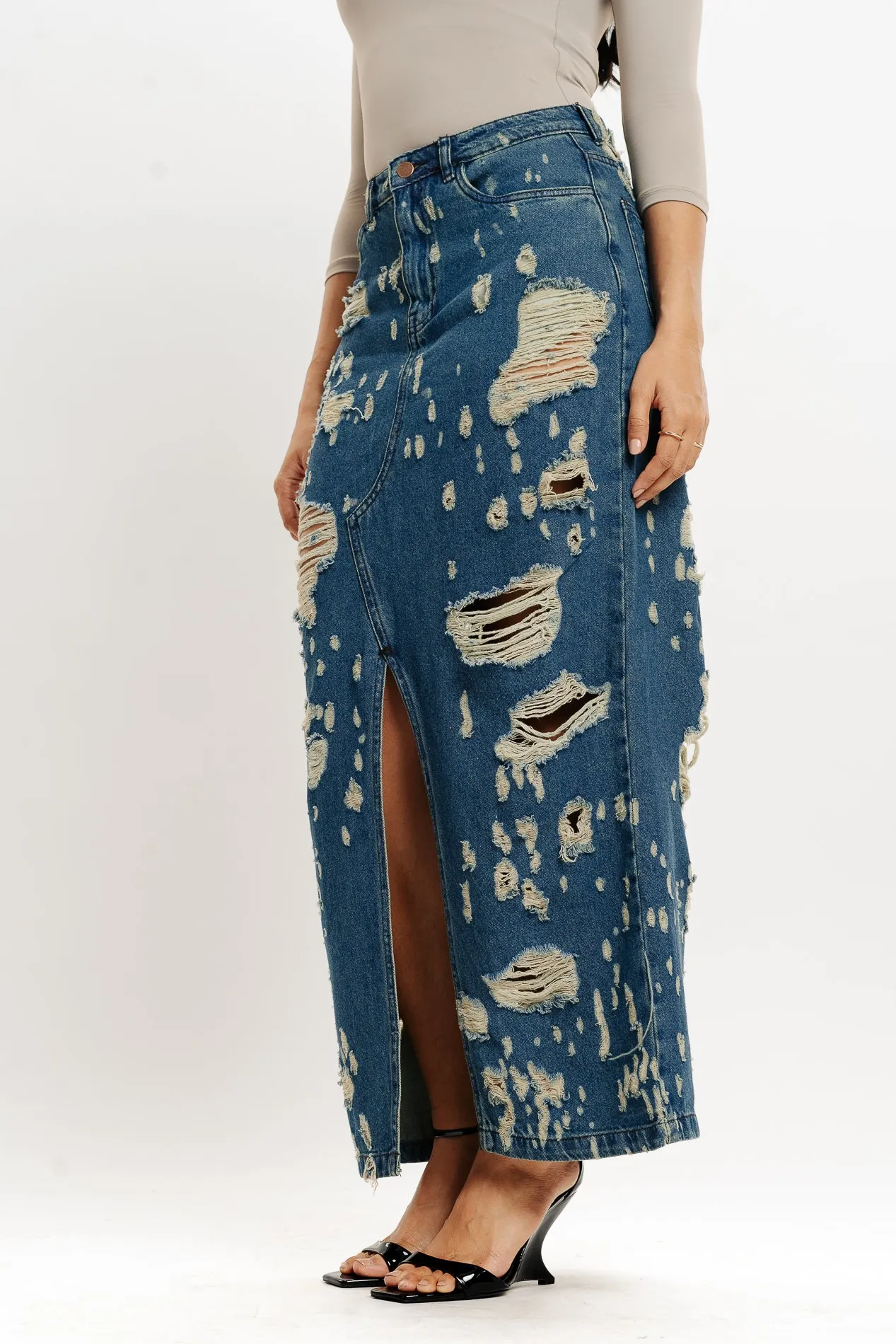 Texture Shot Outfit Focus Blue Tinted Front Slit Women's Long Distressed Skirt