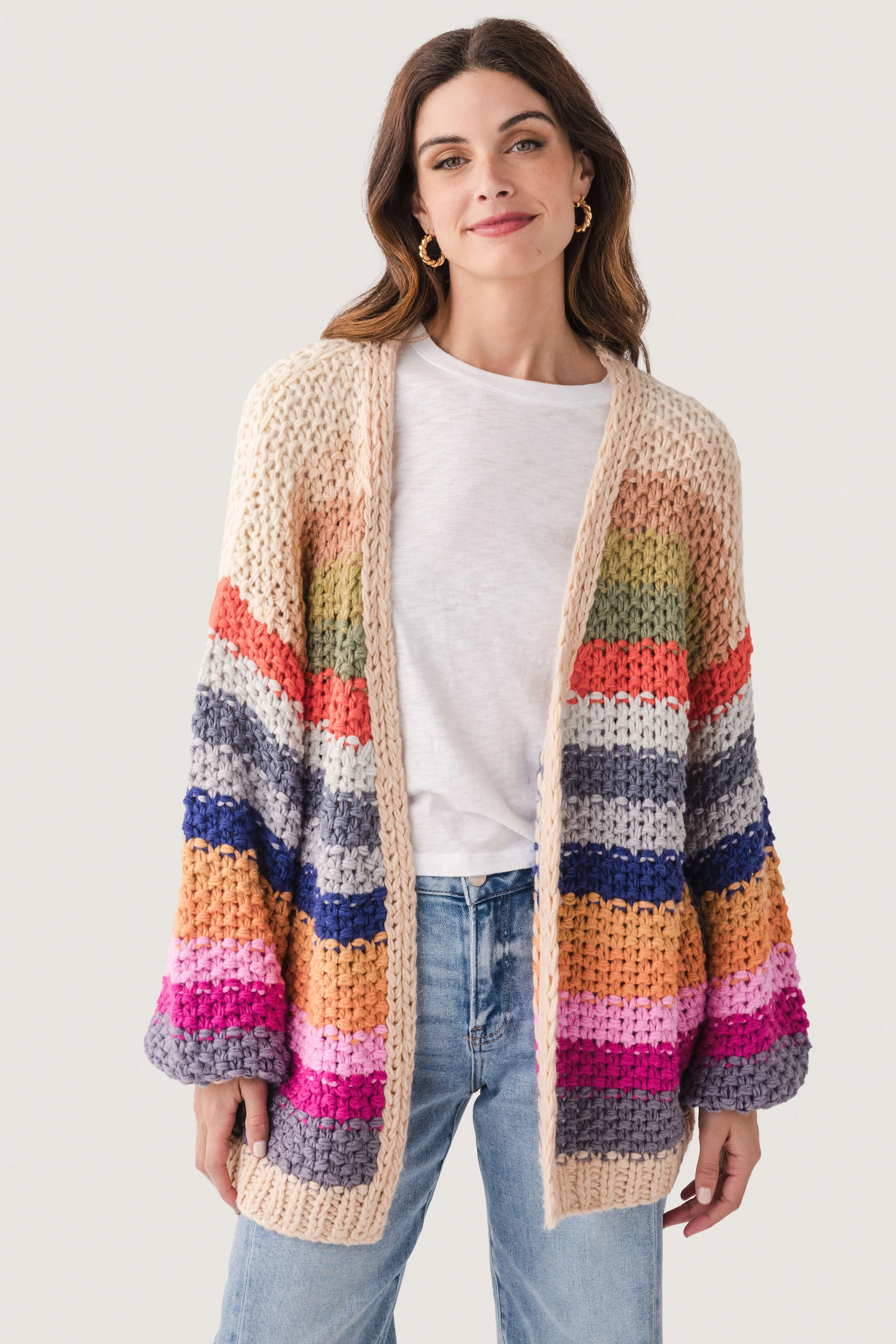 Classic Bold Listicle Rainbow Crochet Cardigan