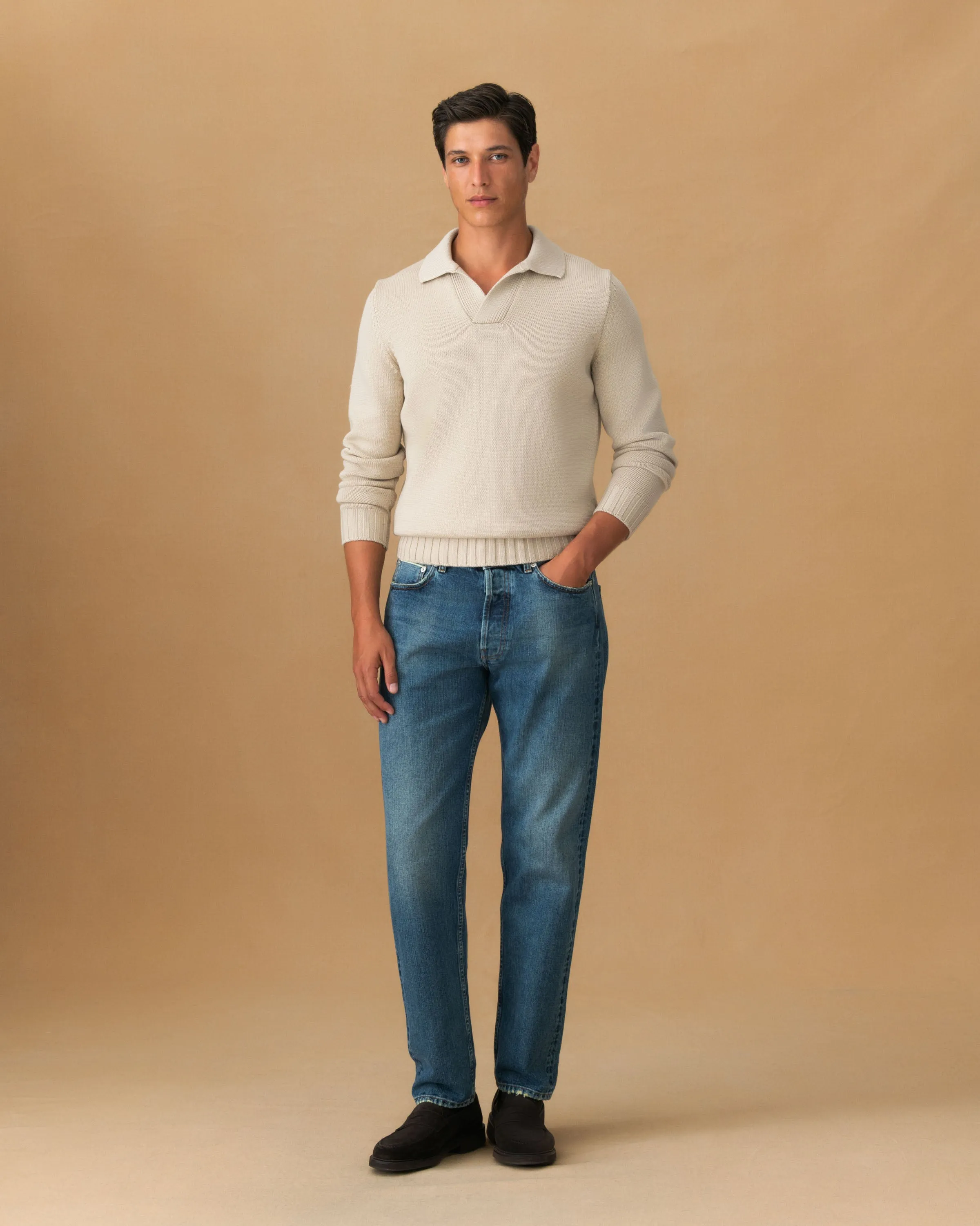 Virgin Wool Long Sleeve Skipper Polo Shirt Merino Wool