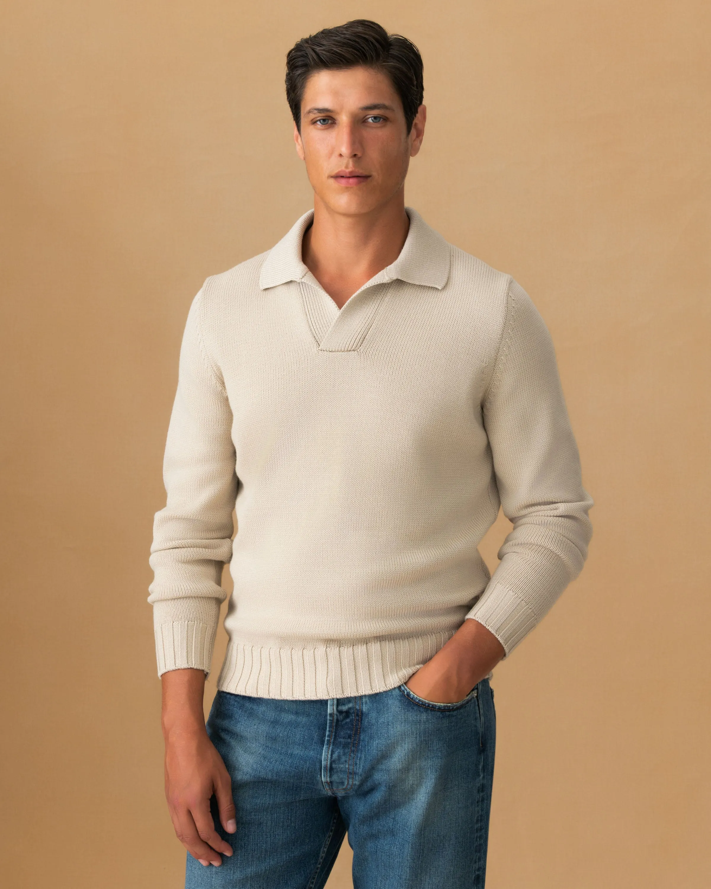 Virgin Wool Long Sleeve Skipper Polo Shirt Layered HeatTrap Stitching Functional Drape