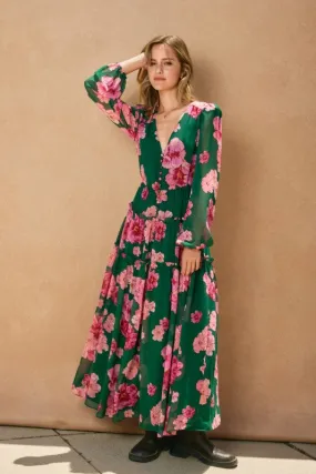 Matte-finish Natural Tones Waitlist 10/13 ? Morgan Long Sleeve Floral Print Tiered Maxi Dress Green