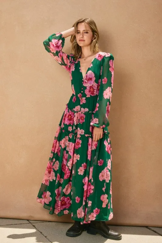 Everyday Look Waitlist 10/13 ? Morgan Long Sleeve Floral Print Tiered Maxi Dress Green