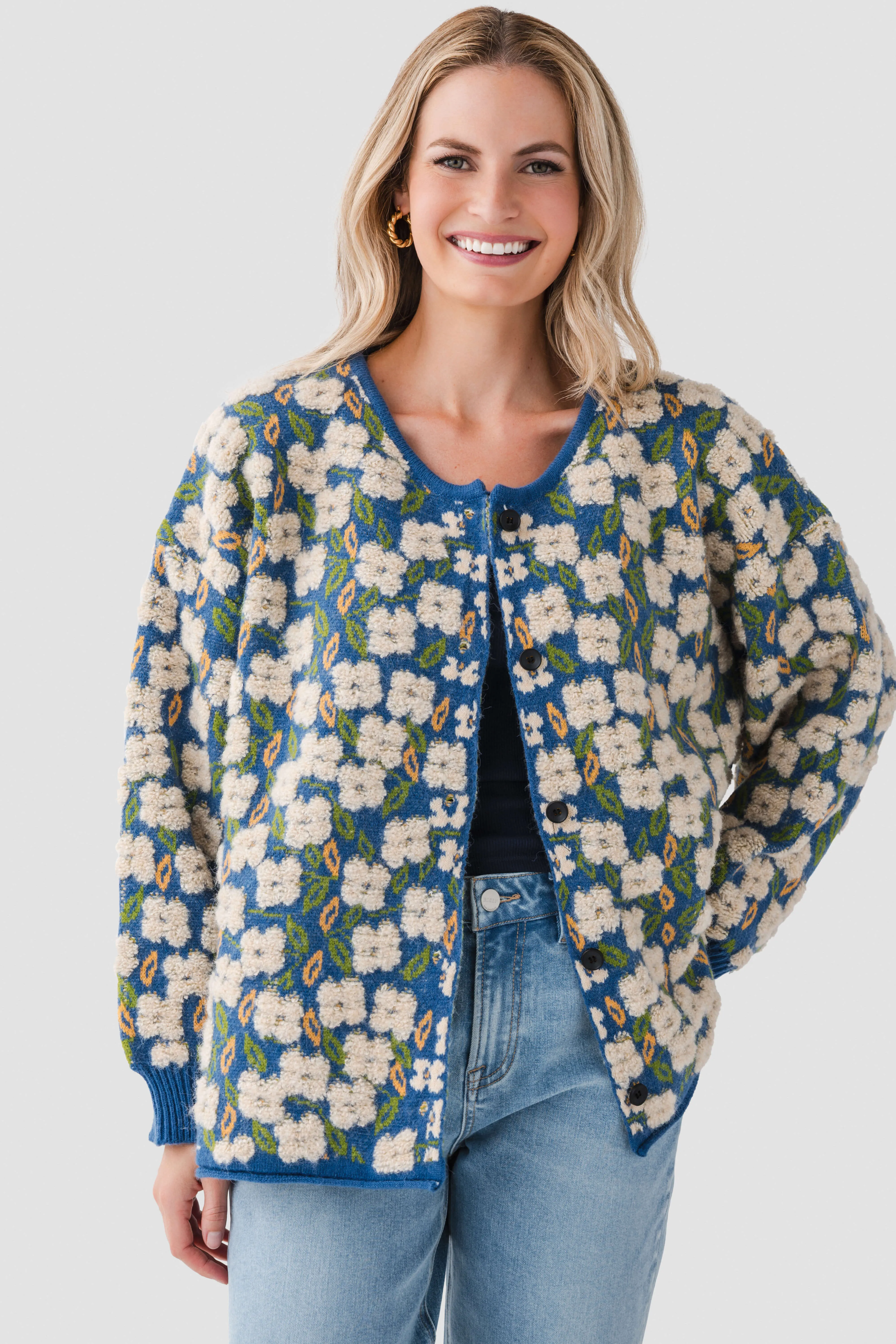 Effortless Look product marketing Floral Button Up Jacquard Cardigan