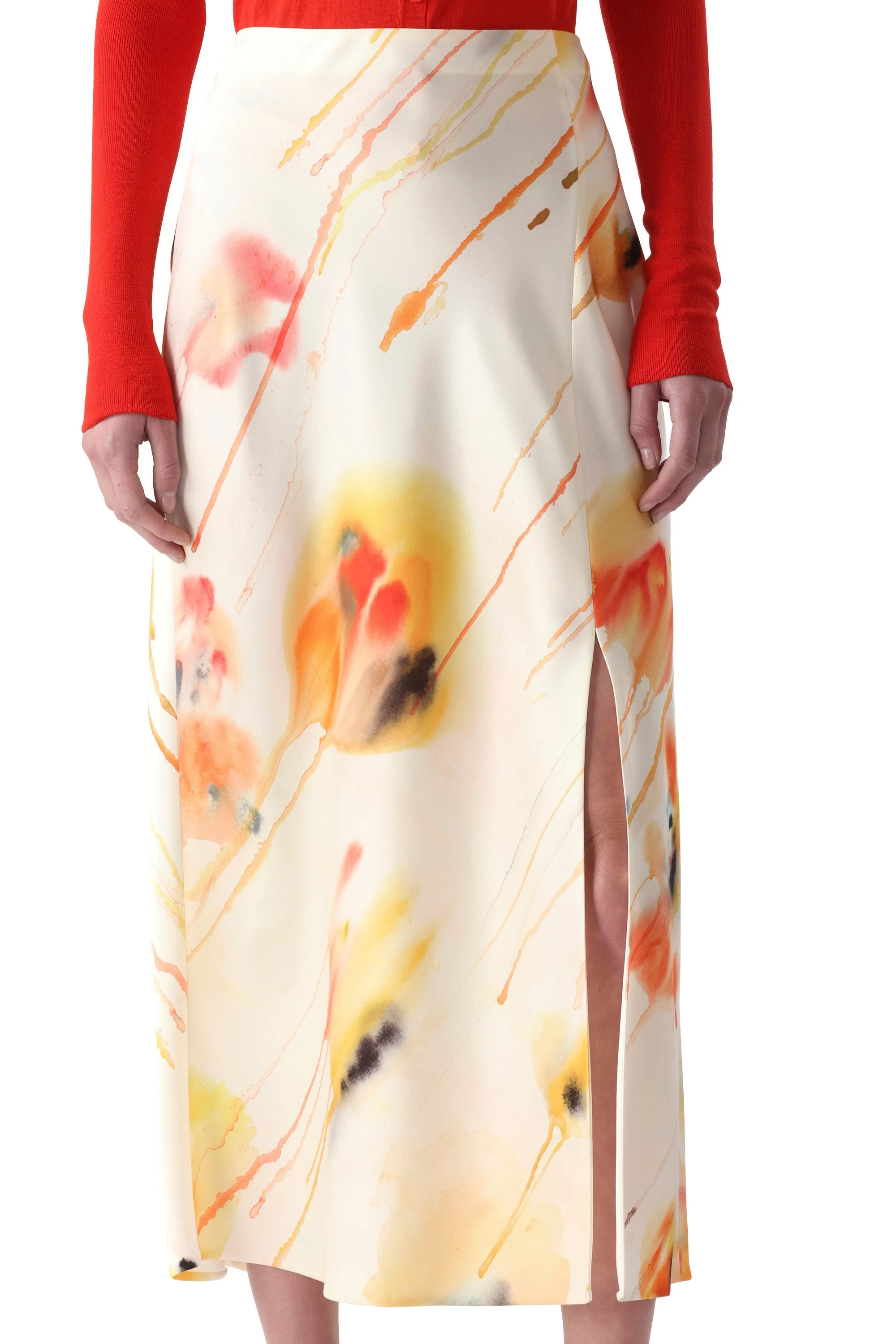 Split hem WASHED SATIN WATERCOLOR FLORAL BIAS SLIP PENCIL SKIRT