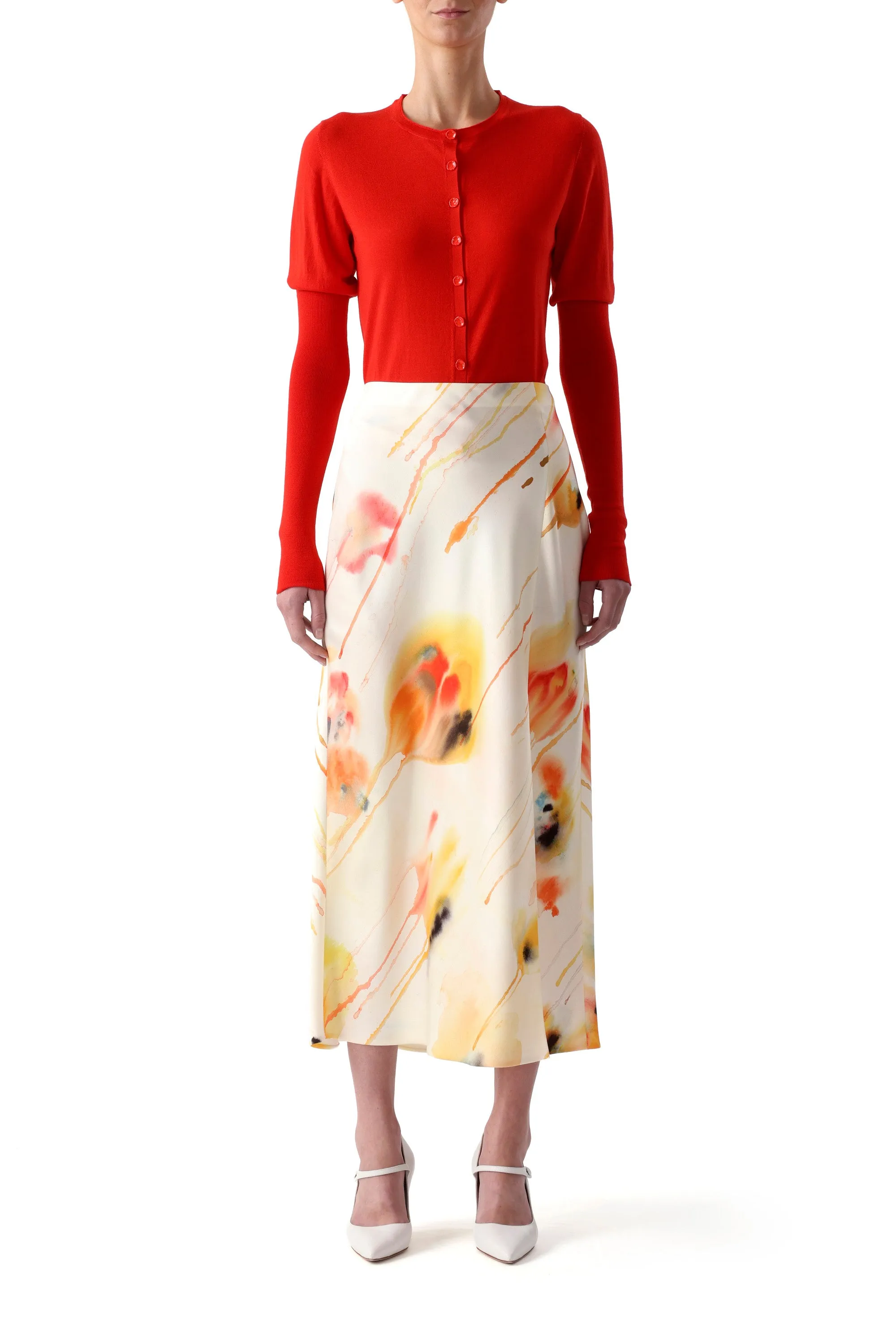 WASHED SATIN WATERCOLOR FLORAL BIAS SLIP PENCIL SKIRT Performance Outfit
