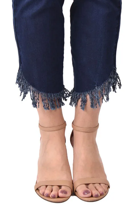 Loose cut Dark Wash Pull On Frayed Jeans, by Ethyl