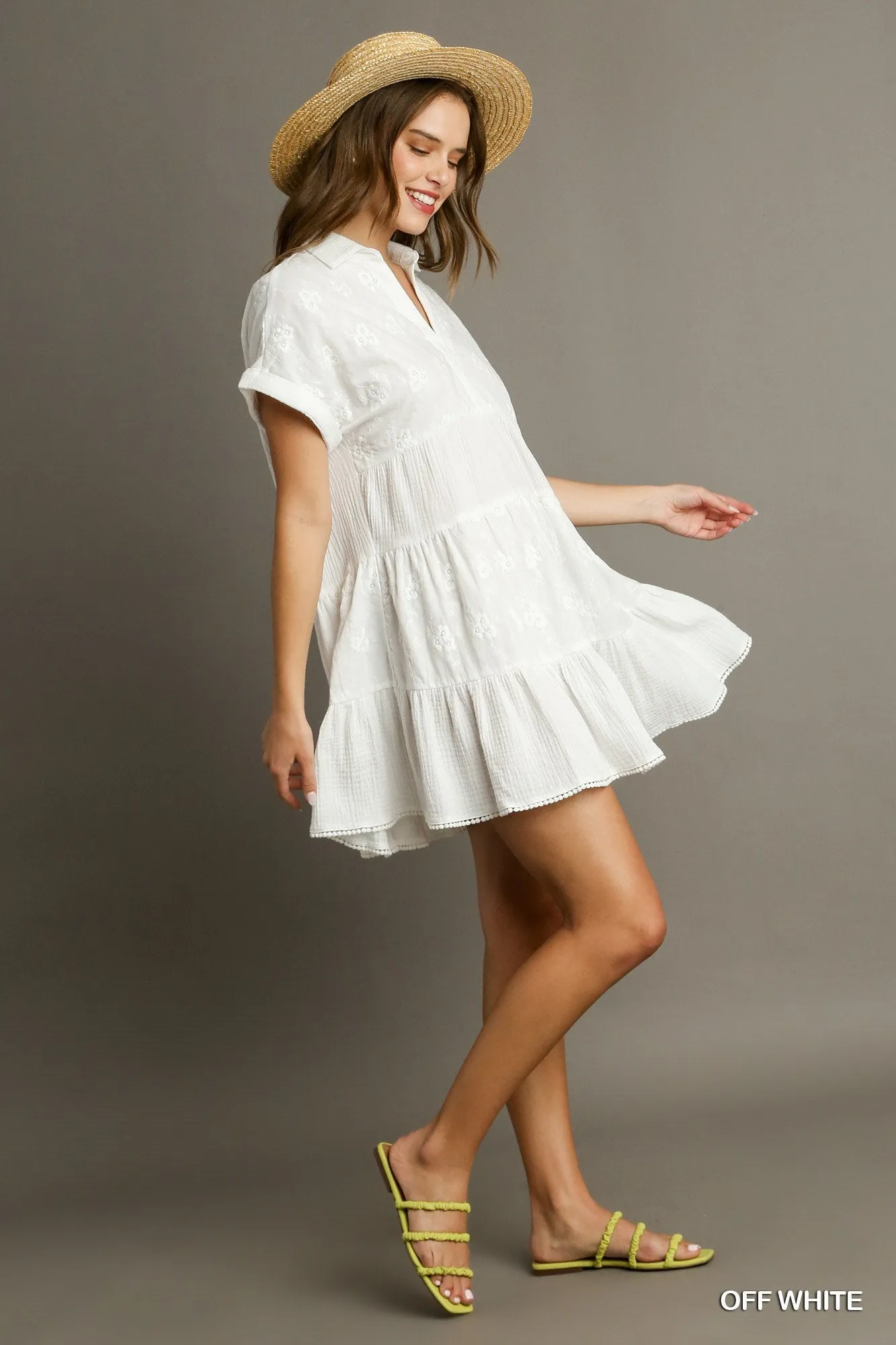 White Cotton Floral Eyelet Tiered Dress Fashion-Forward Fit Abstract Pattern