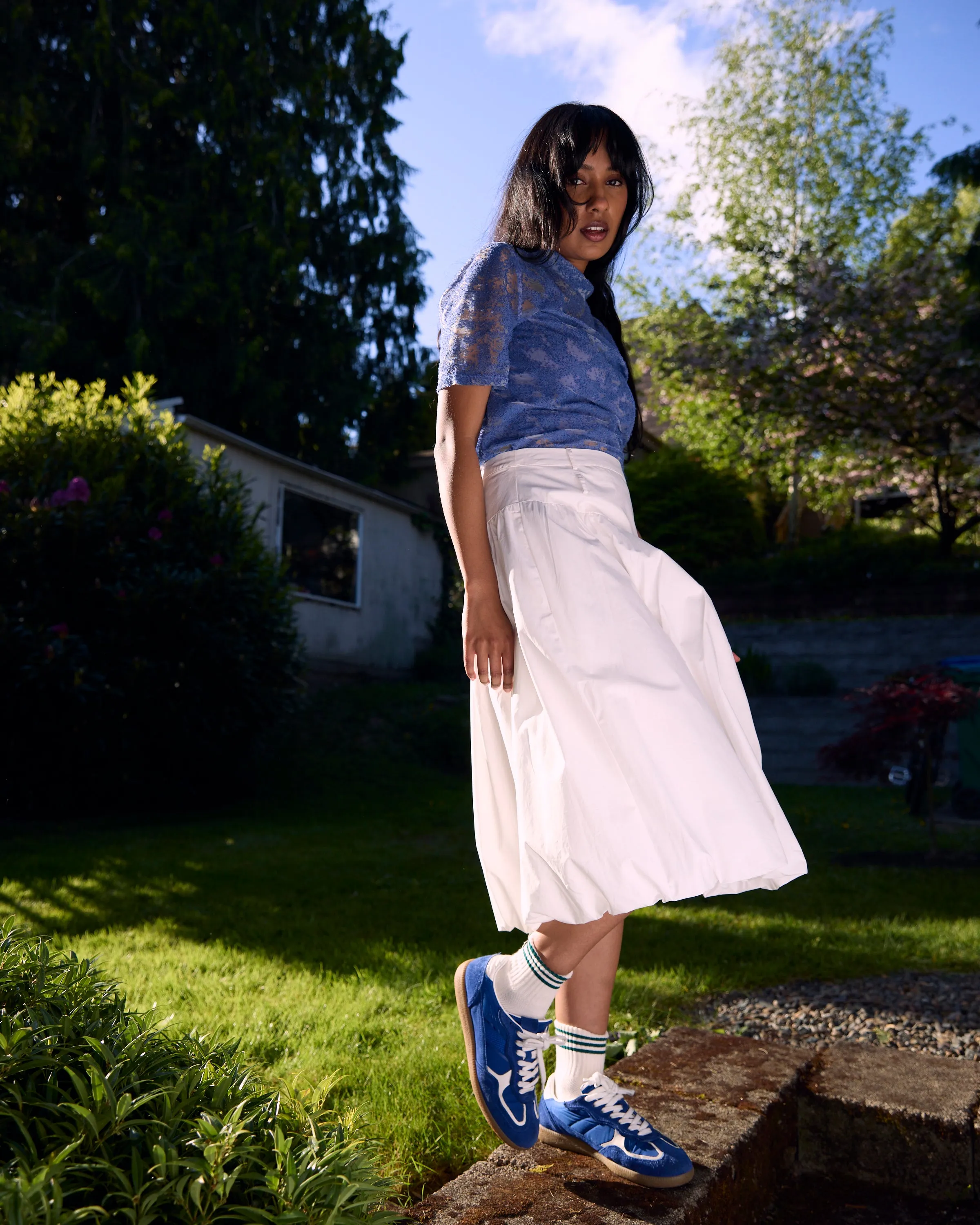 Floral Pattern White Midi Bubble Skirt