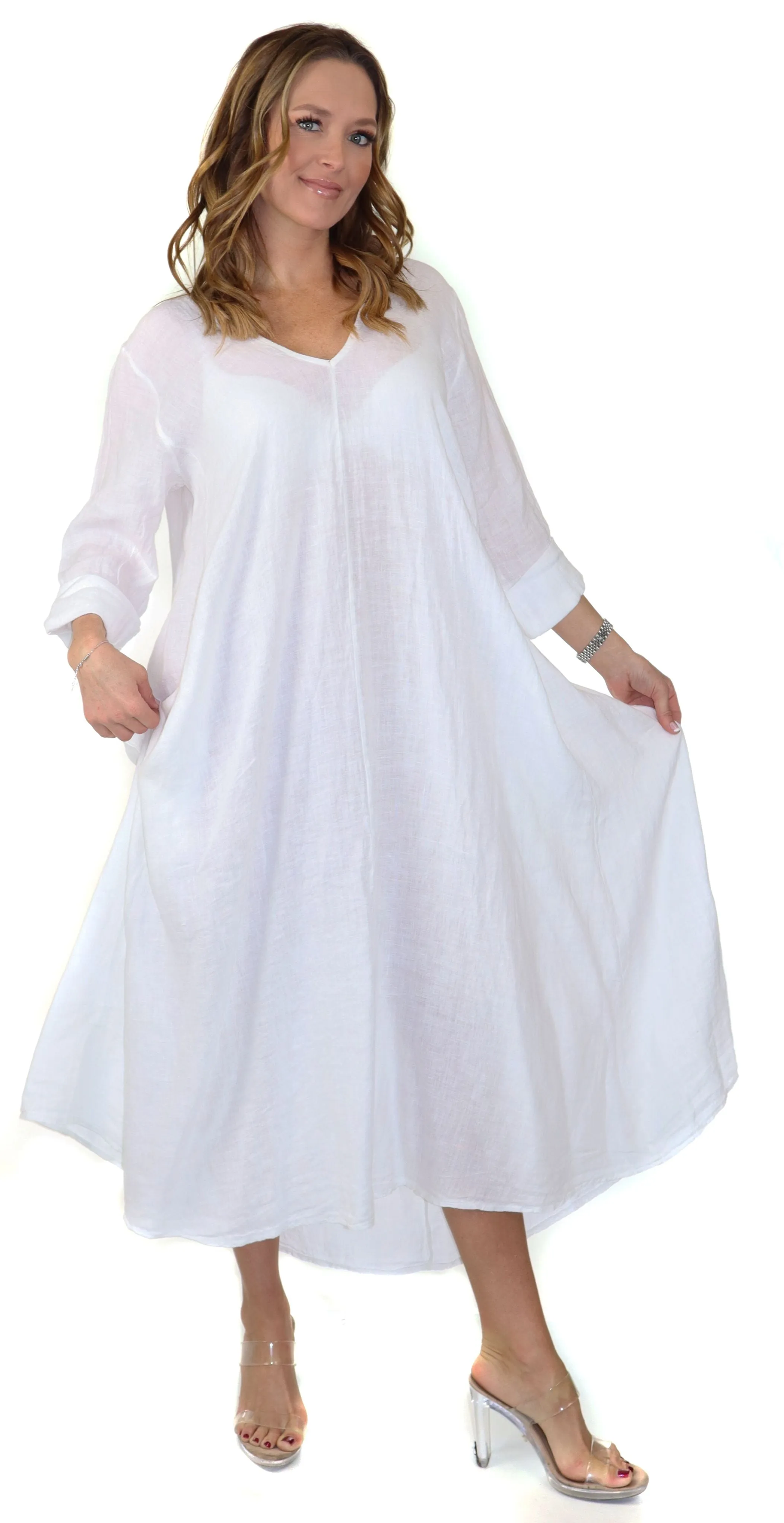 Comfortable Layering Weekend Style White Washed Linen Dress