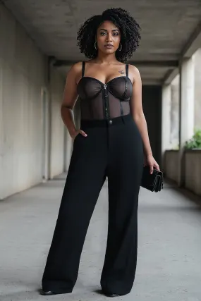 Curve Neat Black Elasticated Straight Korean Pants Mid Rise