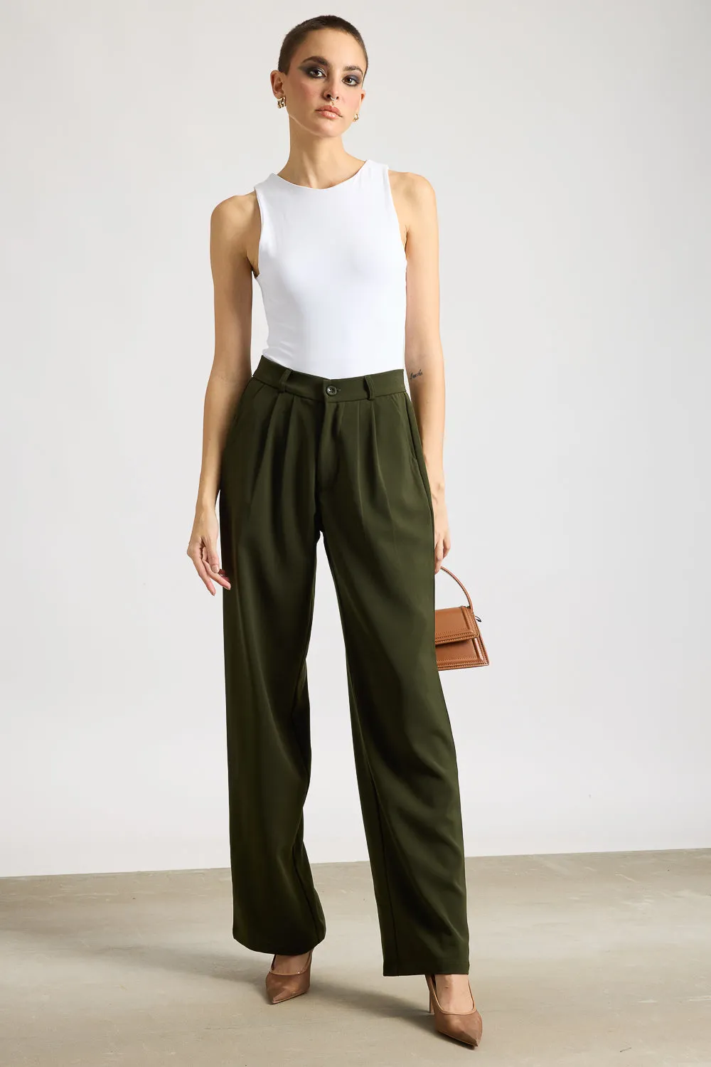 Stretch Support Everyday Must-have Women's Pleated Olive Korean Pants