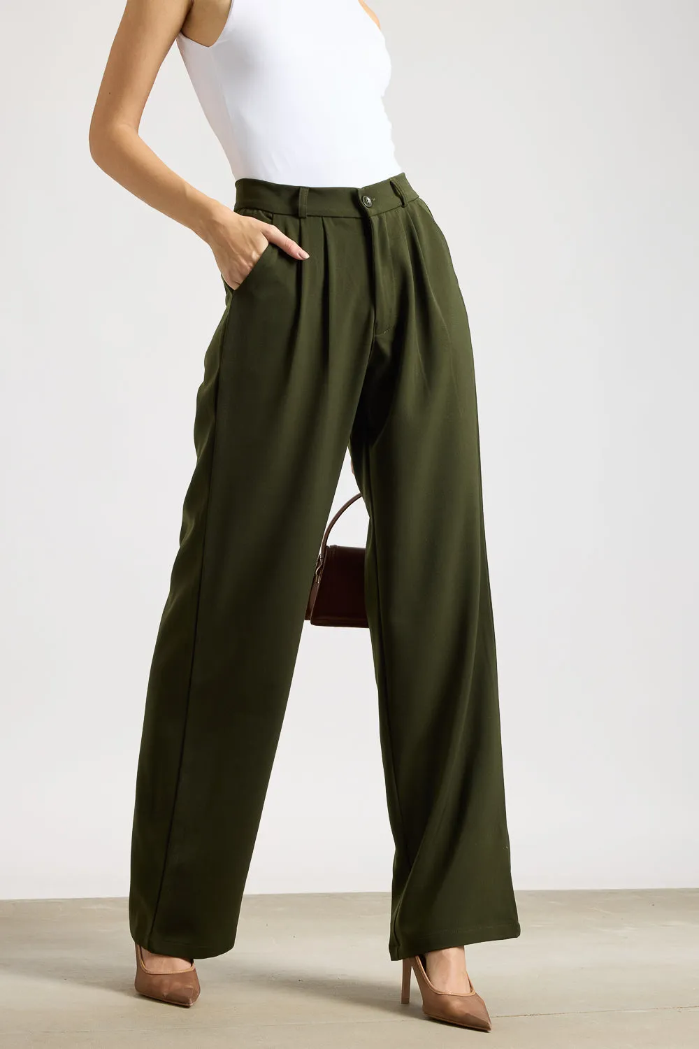Packable Fit Multi Use Women's Pleated Olive Korean Pants