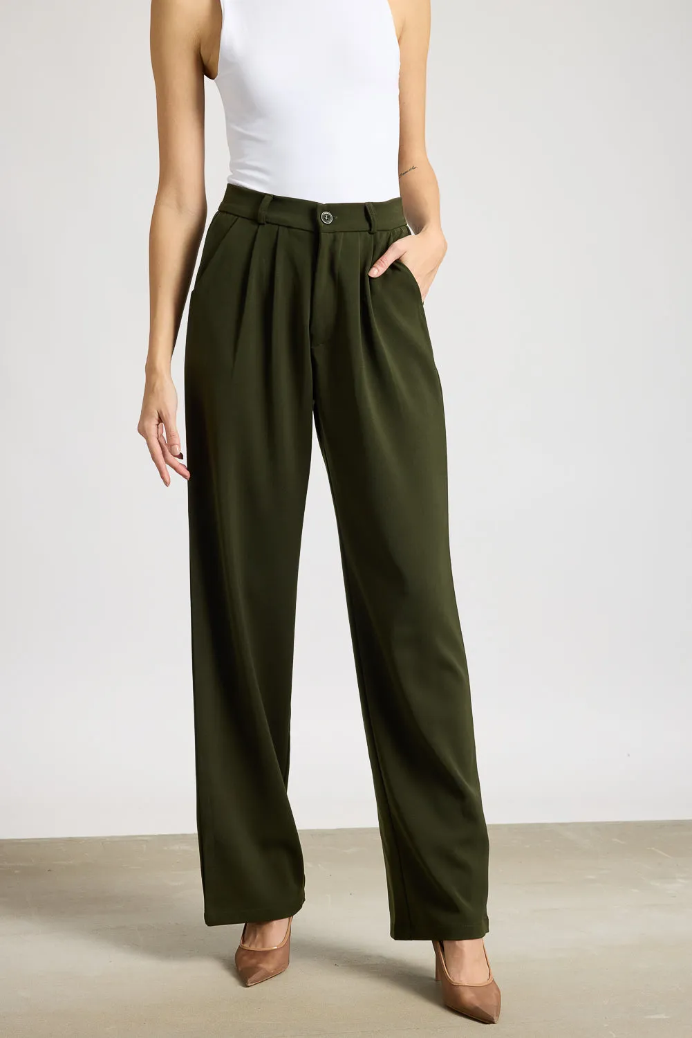 Light Coverage Women's Pleated Olive Korean Pants