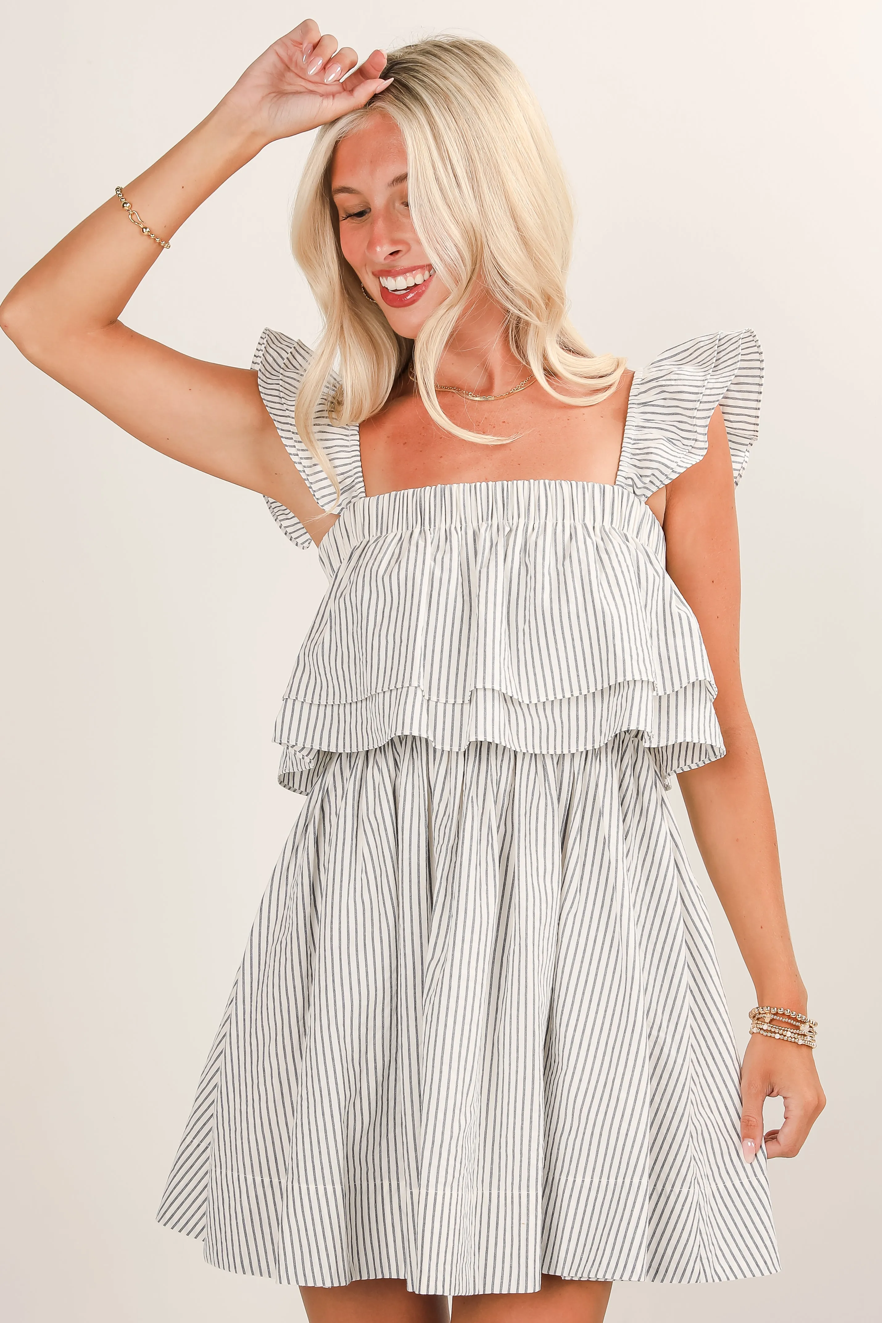 FINAL SALE - Full Of Love White Striped Ruffle Mini Dress Red-Carpet