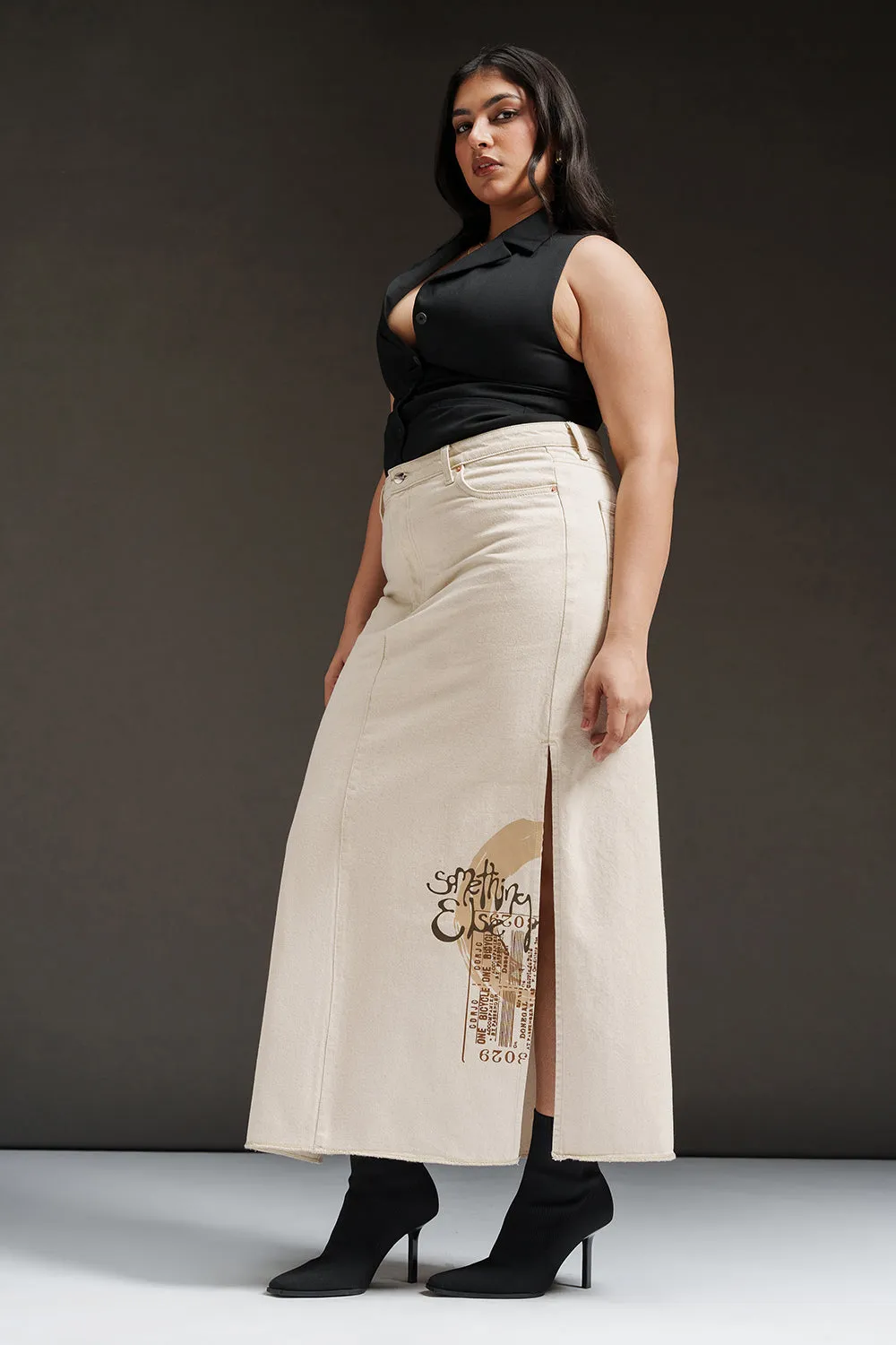 Cruise Attire Vanilla Curve Denim Side Slit Maxi Skirt