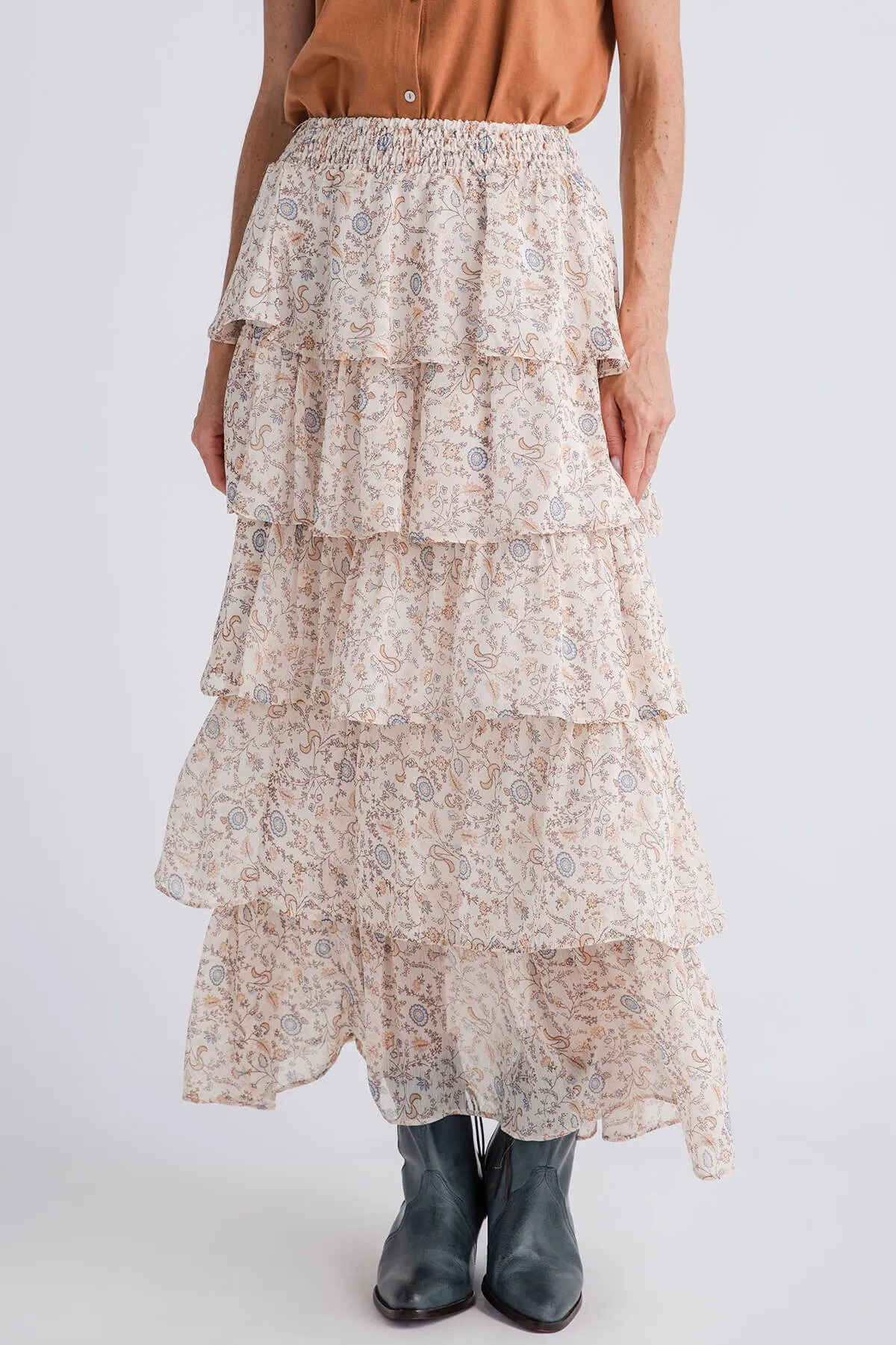 Cozy Tones Illa Illa Printed Tier Ruffle Maxi Skirt